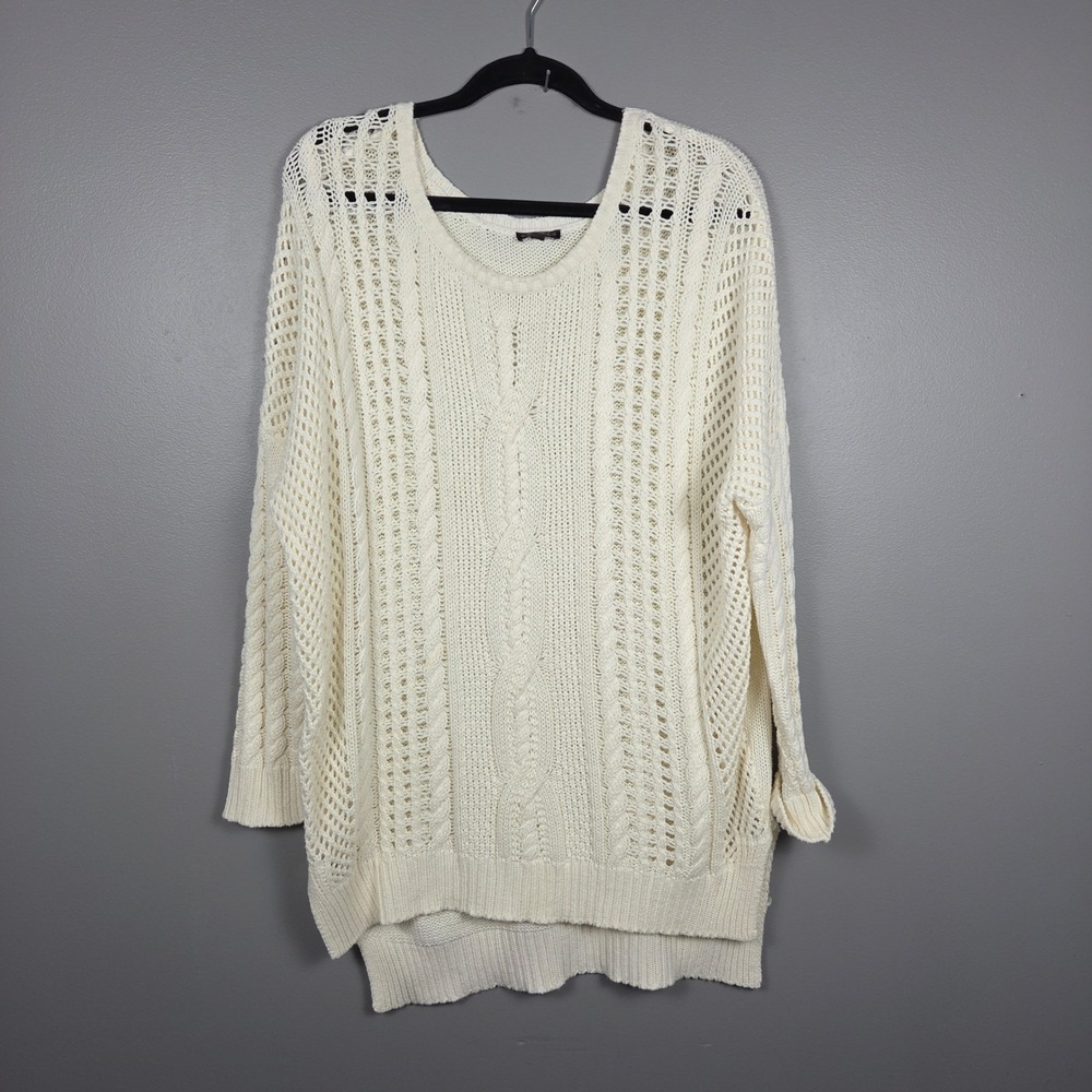 Express Womens Sweater M Ivory Cable Knit Open Stitch Scoop Neck High Low Hem